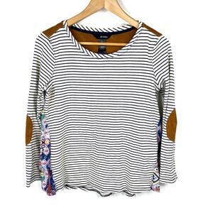 Ali Miles Top Size Small Petite Womens Navy White Stripe Suede Elbow Patch